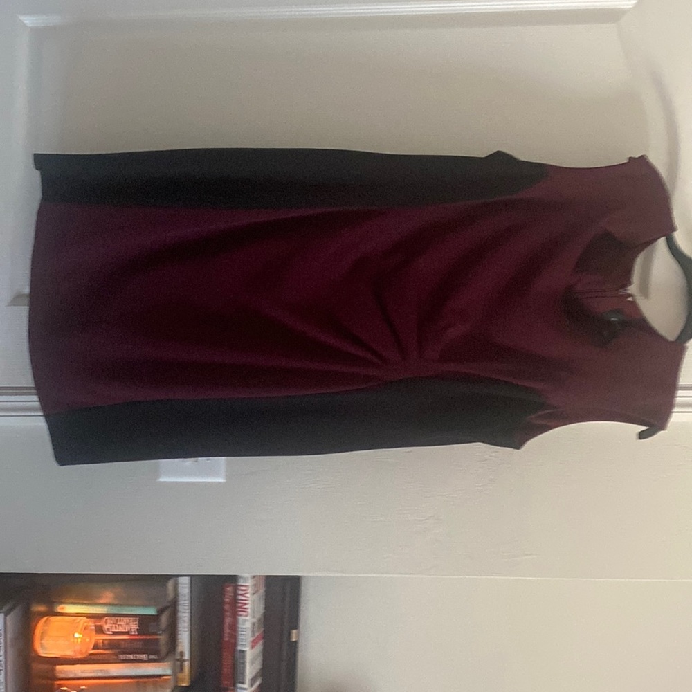 Size 18 maroon  and black shirred waist sleeveless dress,